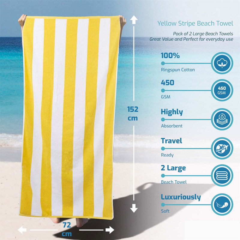 100% Cotton Beach Towel, White/Yellow