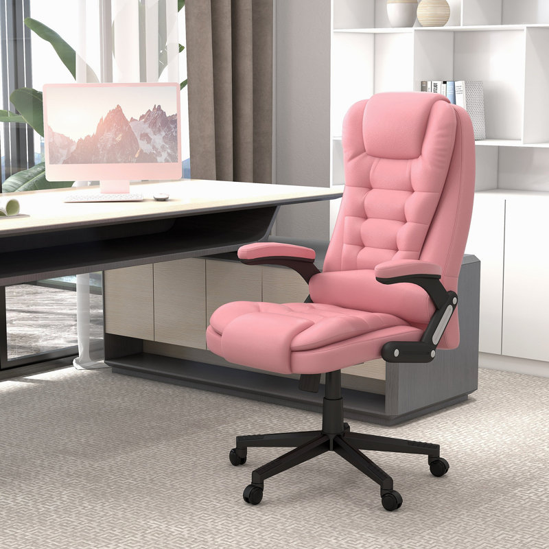 Chaise d'ordinateur de massage à haut dossier avec 6 points de vibration et fauteuil chauffant inclinable en cuir PU avec accoudoirs et télécommande, rose