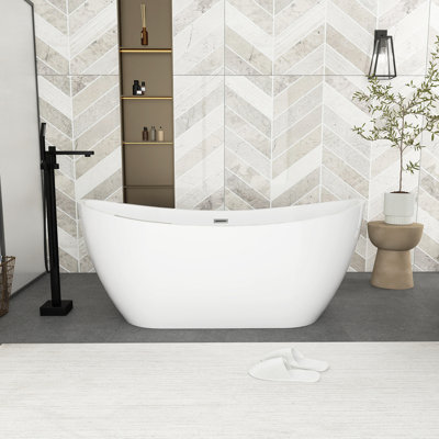 67 In. Acrylic Double Slipper Freestanding Soaking Bathtub With Overflow In Glossy White