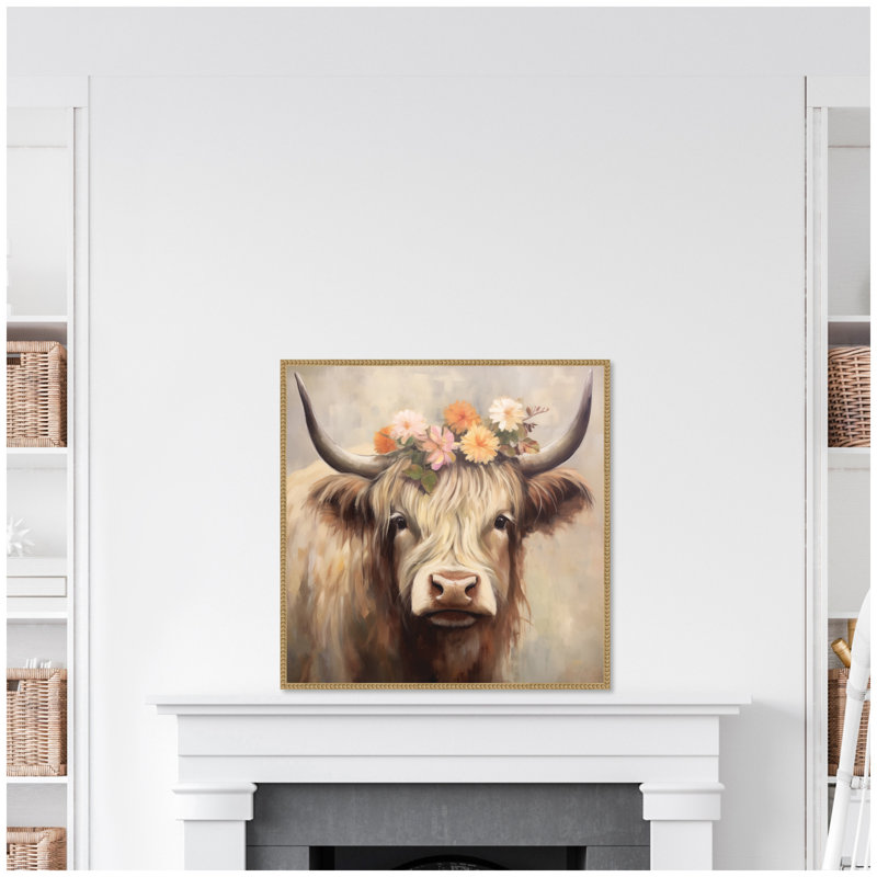 «Adorable Floral Boho Highland Cow» par The Creative Bunch Studio, reproduction d'art sur toile encadrée, Tanné