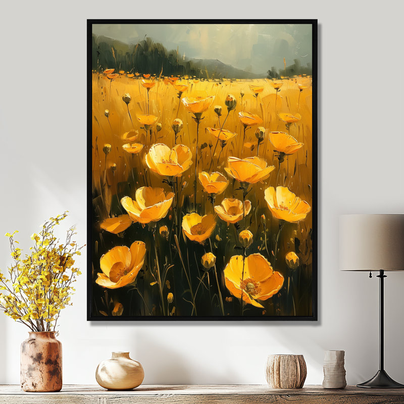 Or jaune jaune vert Sunlit Meadow VI - Buttercups, art mural, Toile avec cadre flottant noir, H 32 po x l 16 po x P 1 po