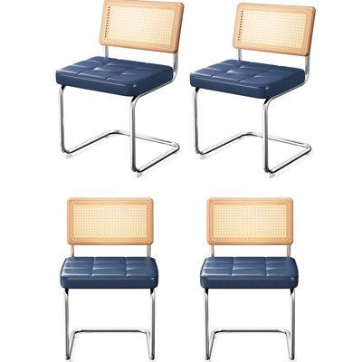Modern Blue Dining Chairs Of 4, Hand - Woven , High Density Sponge Filled, Suitable For Kitchen Mid Century Inspired Back And Faux Leather Seat, Comfortable Banquet Hall
