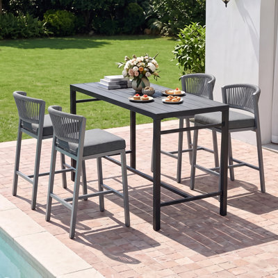 5-Piece Modern Aluminum Indoor Outdoor Dining Set, Rope Woven Patio Bar Set with Rectangular Table