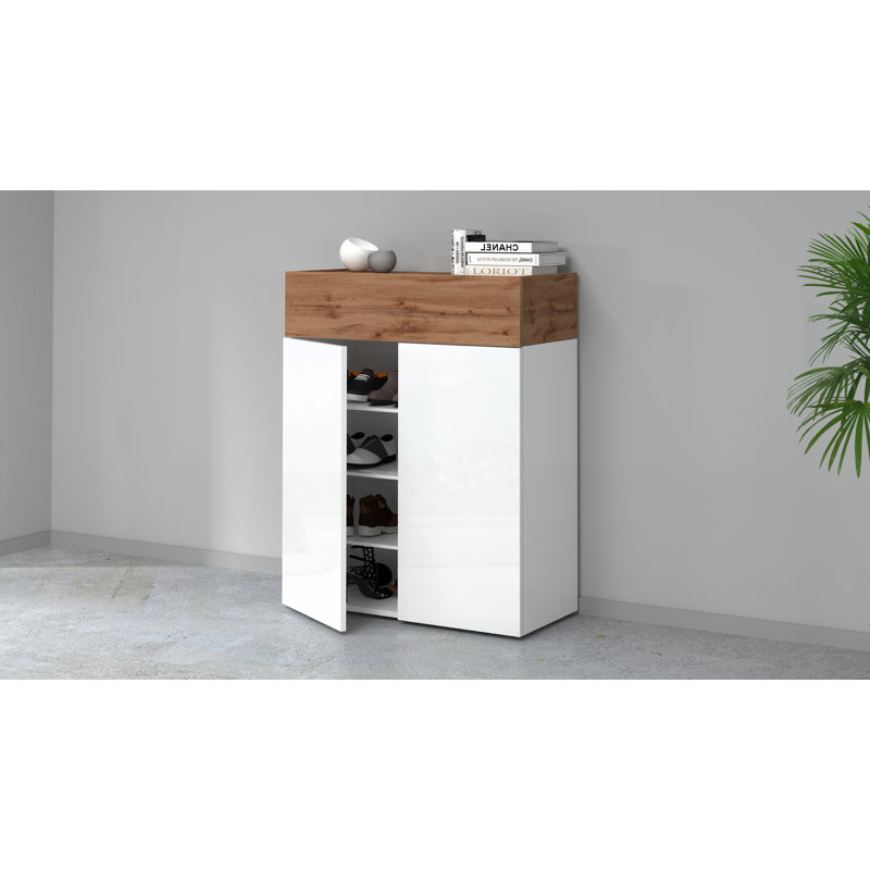 16 Pair Shoe Storage Cabinet, White/Brown Wood