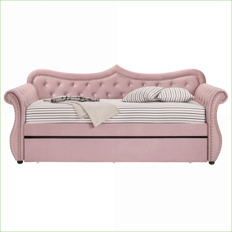 Twin Daybed with Trundle | Modern Upholstered for Small Spaces | Velvet | Beige, Beige