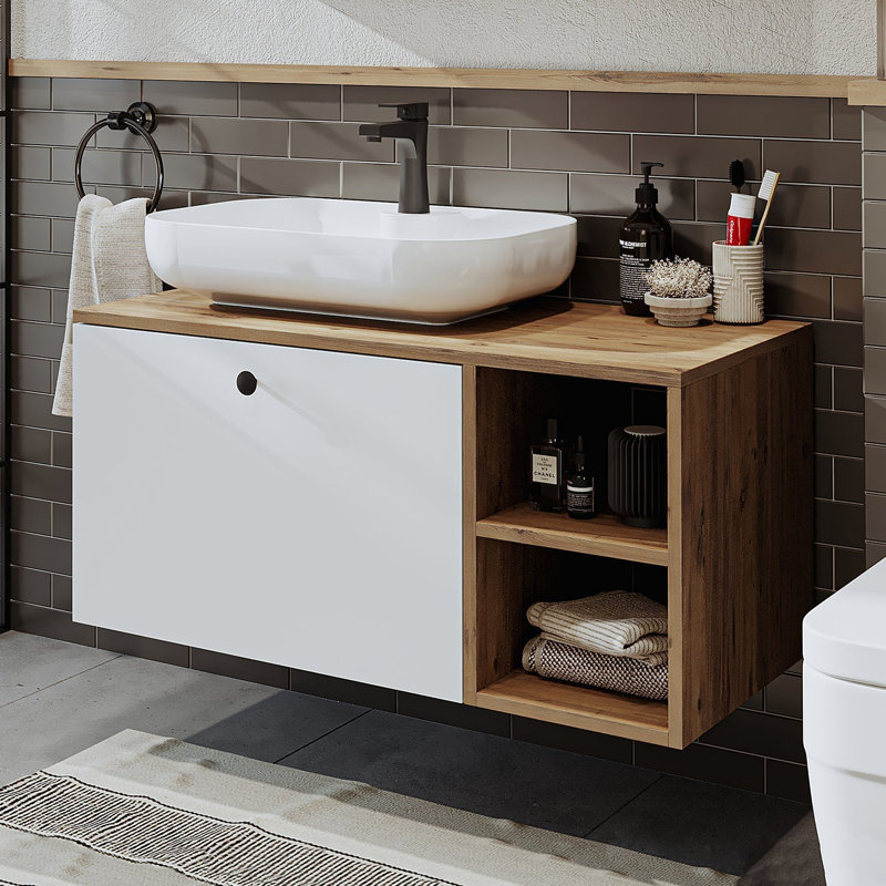Rosaliyah Bathroom Vanity Unit with Ceramic Washbasin 95cm, White/Oak