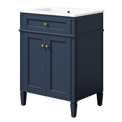 Meuble-lavabo 24 po avec 2 portes et tiroir coulissant, armoire de rangement pour salle de bain avec lavabo, portes à fermeture en douceur avec organisateurs