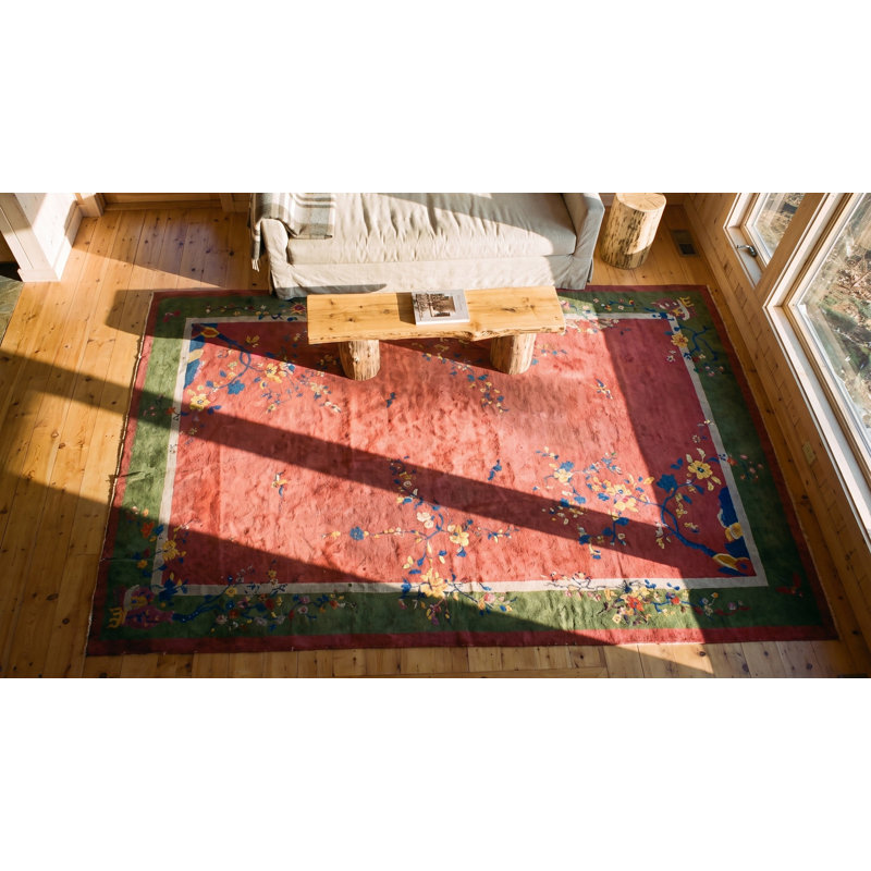 Grand tapis corail / saumon rose antique noué à la main des années 1920