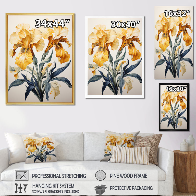 Illustration rétro d'iris dorés sur toile, H 32 po x l 16 po x P 1 po, Cadre simple noir