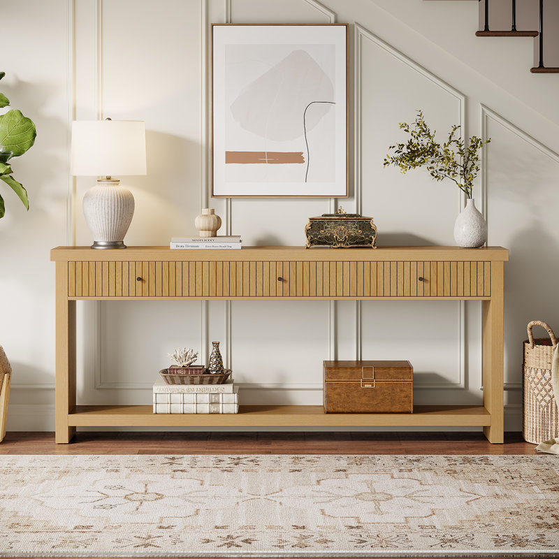 70.9 Inch Wood Console Table Long Sofa Table with 3 Drawers, Natural