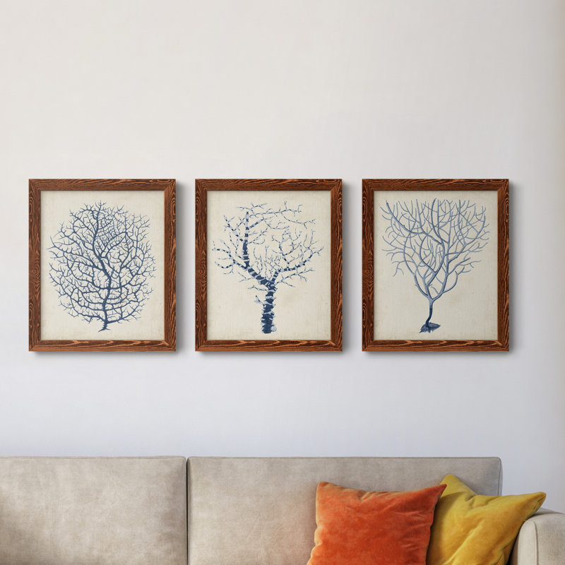 Indigo Coral I - ensemble de 3 peintures sur toile encadrées, Érable, H 24 po x l 36 po x P 1,5 po