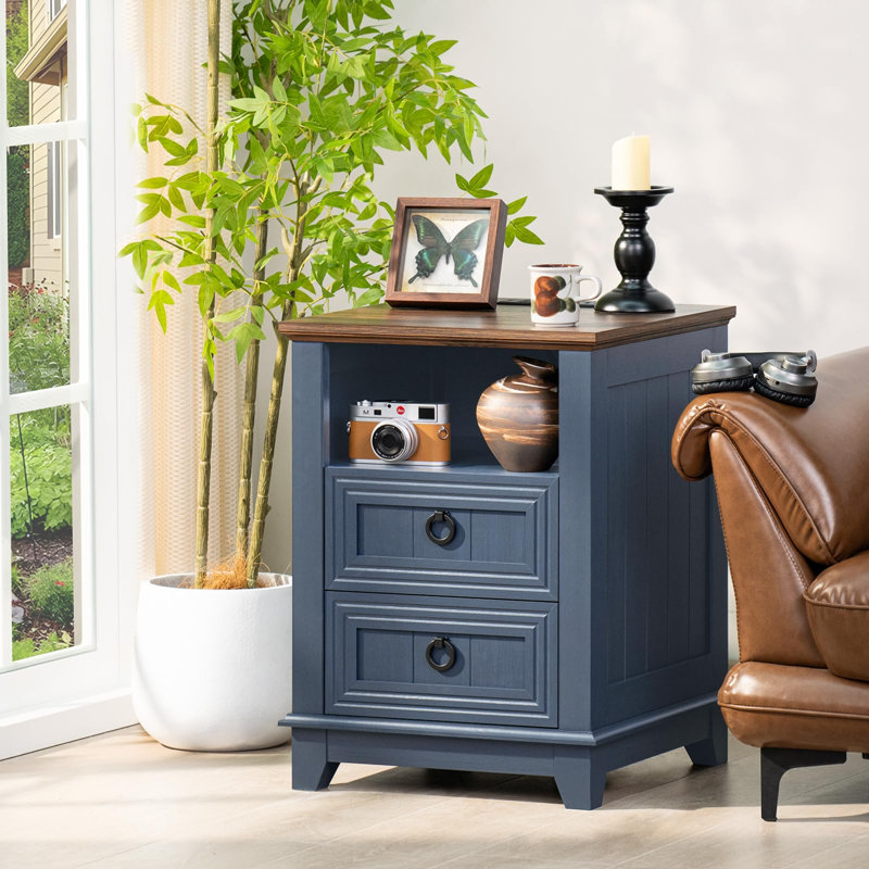 18" Farmhouse Night Stand with Charging Station, 2 Drawers End Table Dresser for Bedroom,Wooden Nightstand, Bed Side Table with Open Shelf, Bedside Cabinet for Living Room, Closet