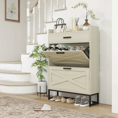Armoire à chaussures étroite, armoire de rangement à chaussures industrielle avec 2 tiroirs rabattables, tablettes réglables et tiroir supérieur, rangement pour chaussures dissimulé pour 12 paires de chaussures