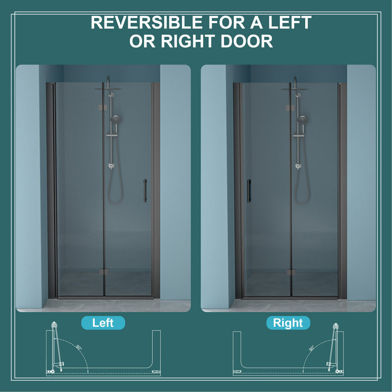 32"W X 72"H Fold Frameless Shower Door With Tempered Glass, Matte Black