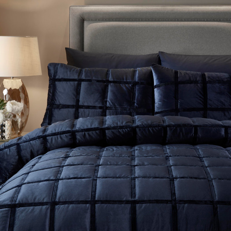 Brighton Square Velvet Geometric Shapes Duvet Cover Set with Pillowcases Included, Navy, Double - 2 Standard Pillowcases