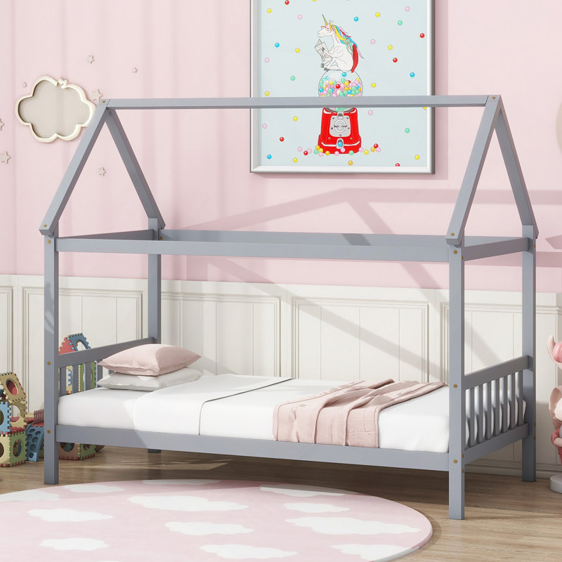 Lit simple avec tête et pied de lit, lit simple en bois d'hévéa avec cadre de maison