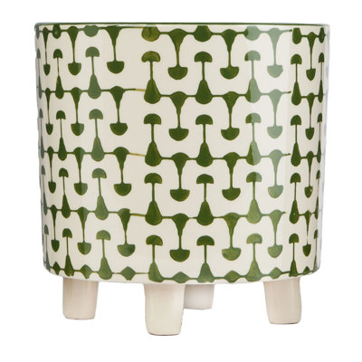 Footed Stoneware Planter with Abstract Print