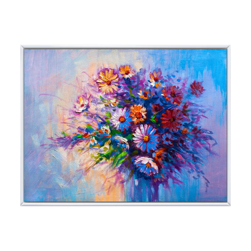Bouquet moderne de marguerites III, L 32 po x H 16 po, Cadre flottant blanc