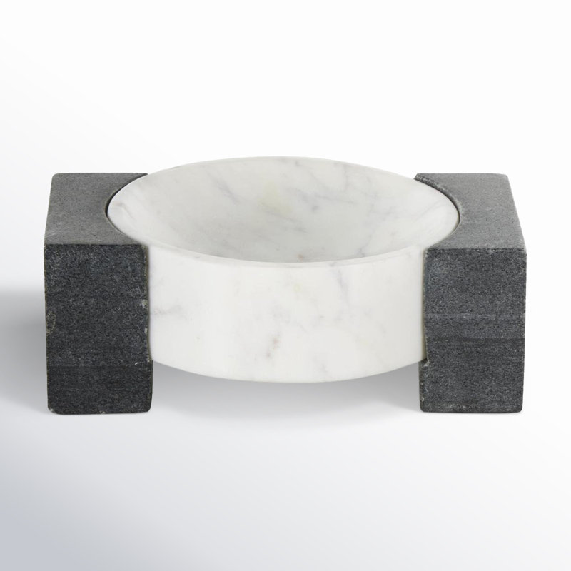 Cole And Grey Marble Round Geometric Tray With Black Rectangular Blocks, 3.1" H x 8.05" W x 5.9" D