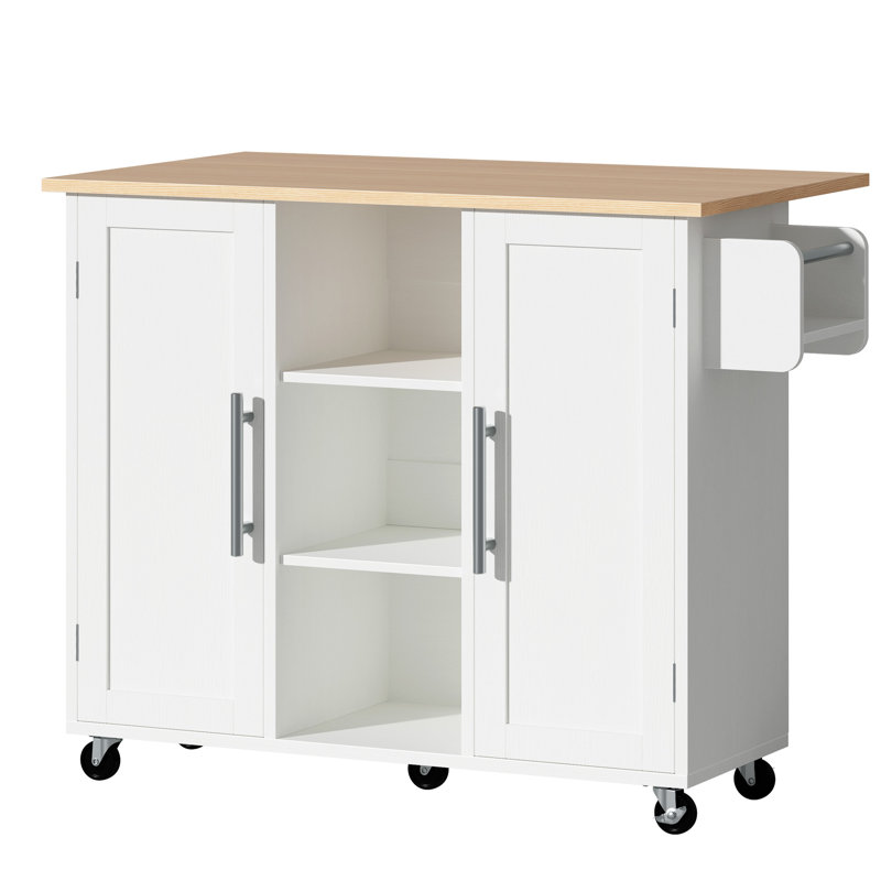 Îlot de cuisine mobile 42 "avec abattant, bar à roulettes avec armoire de rangement et roulettes verrouillables, Blanc
