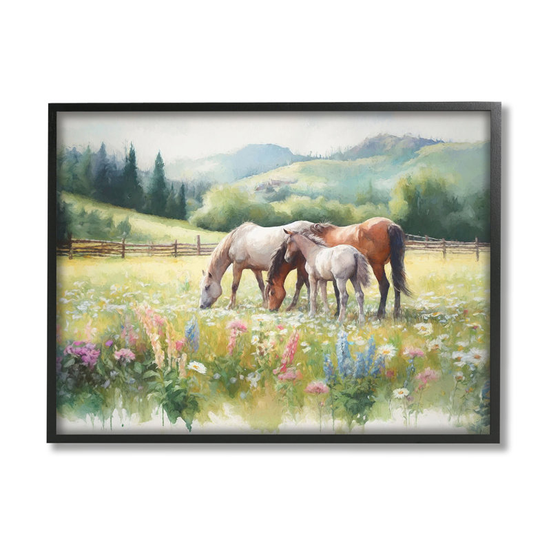 Chevaux au printemps pré, art de la giclée noire par Ramona Murdock, Giclée encadrée noir minuit