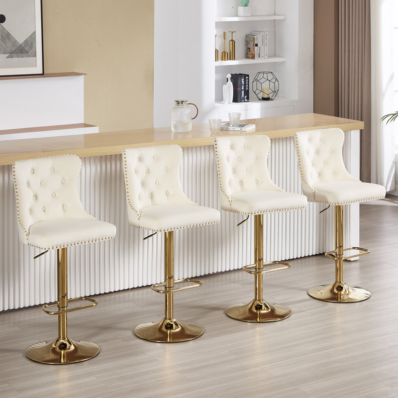 Swivel Adjustable Height Counter Stool With Metal Frame, Gold, Cream