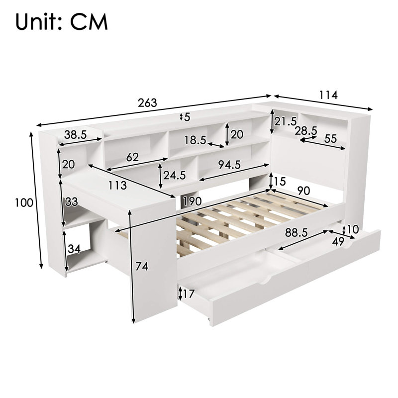 3ft Single Wooden Daybed with Bookcase & Computer Desk, Sofa Bed Frame with Storage Drawers & USB-C Charging Port, Multifunctional Bed for Bedroom & Living Room, White, 90 x 190cm