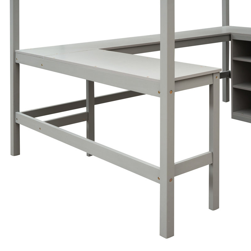 Lit mezzanine double en bois massif avec tablettes - Gris, améliorant la durabilité de l'espace