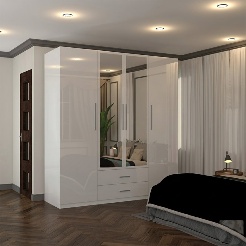 Modern 4 Door High Gloss Wardrobe with Mirror, Storage, Drawers, Shelves & Hanging Rails, White/Black/Grey | Bedroom Cupboard