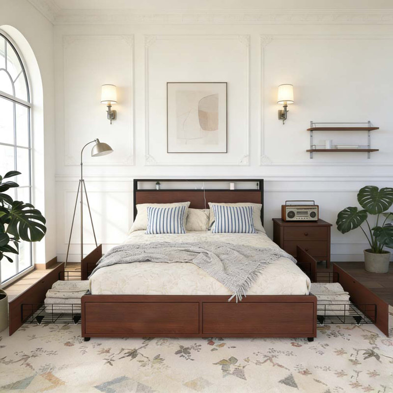 Queen Bed Frame, Queen , Black,Red+Brown