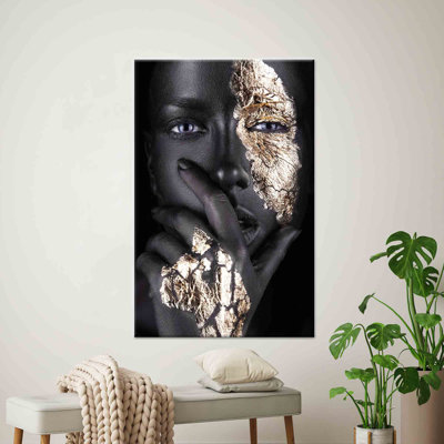Élégante femme noire, impression sur toile de maquillage doré: décor luxueux, toile tendue 1P