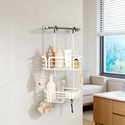 Shower Caddy Hanging Organizer - Over The Door Stainless Steel Bathroom Storage With 2 Shelves, 11 Hooks, No Drilling Installation, Rustproof Design For Shower Door, Rod, Or Faucet