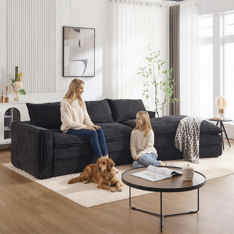Canapé modulaire 133 po 133 po, méridienne rembourrée avec sièges profonds et méridienne orientée vers la droite, Noir