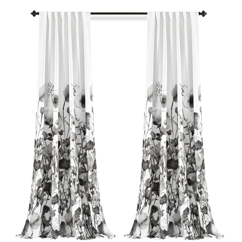 Zuri Floral Gray and White Polyester Room Darkening Curtain Pair