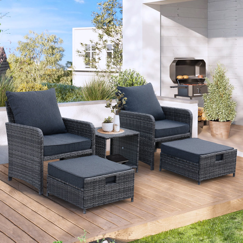 5 Pieces Wicker Patio Furniture Set, Outdoor Furniture With Sturdy Rust-Proof Frame, Comfortable Cushions With High-Density Sponge, Space-Saving Design With Ottoman Storage