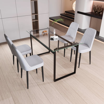 Ensemble de table de salle à manger pour 4 personnes en verre, ensemble de cuisine avec table et chaises à pieds en métal noir, plateau de table rectangulaire moderne en verre trempé et chaise de salle à manger en polyuréthane