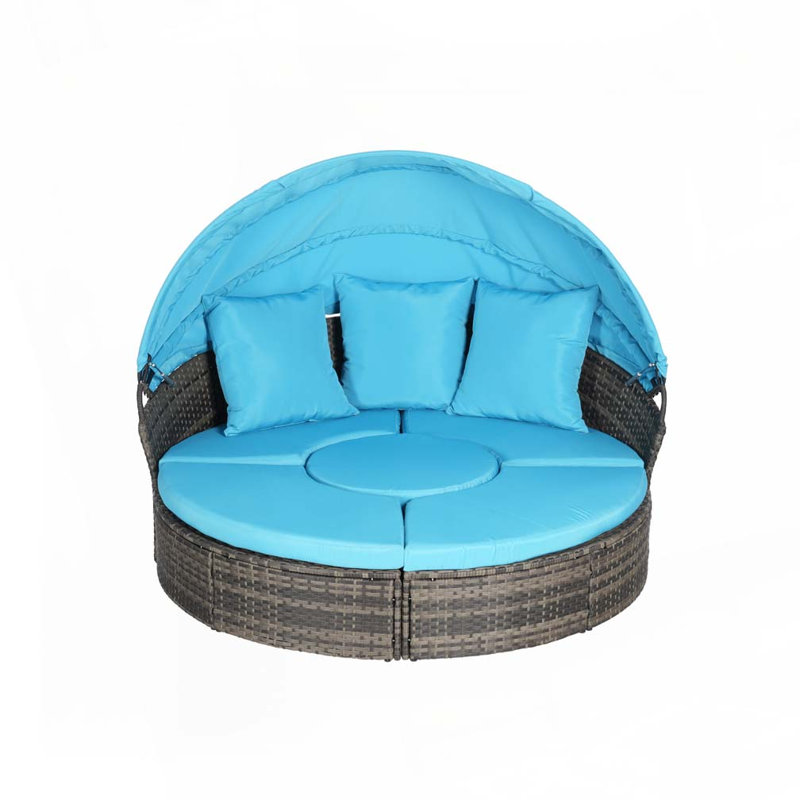 Ensemble de conversation pour patio 5 pièces, ensemble de conversation en osier avec auvent rétractable 5 pièces, Bleu clair