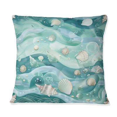 Blue Cream Seashell Wave Treasures - Boho Pillow