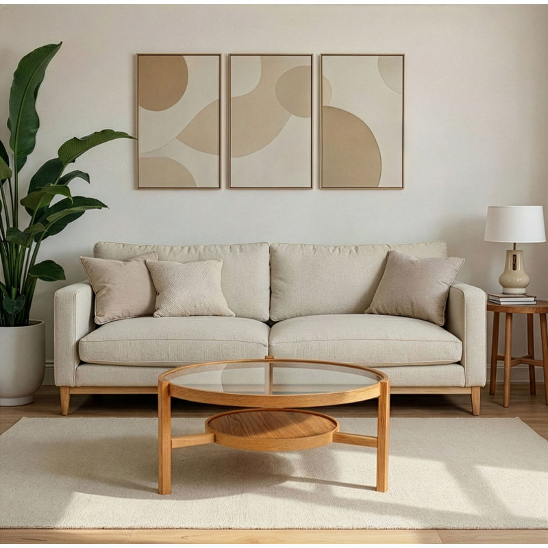 Table basse moderne avec base 100% bois massif et plateau 100% verre trempé, 39,4 pouces de diamètre x 18,9 pouces de hauteur | Design scandinave au fini chêne élégant | Durable et élégant pour le salon et les salons