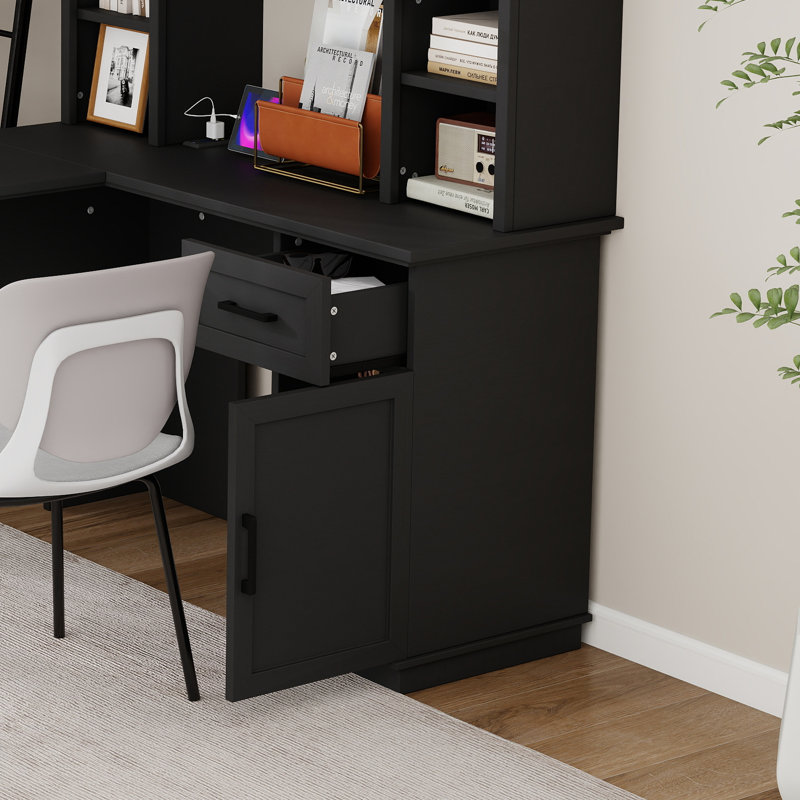 2-In-1 L-Shaped Computer Desk With Drawers,Cabinet,Open Shelves,Power Outlet, Black