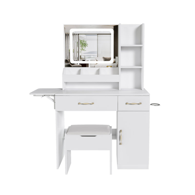 Vanity Desk With LED Mirror Lights And Power Outlet Charging Station