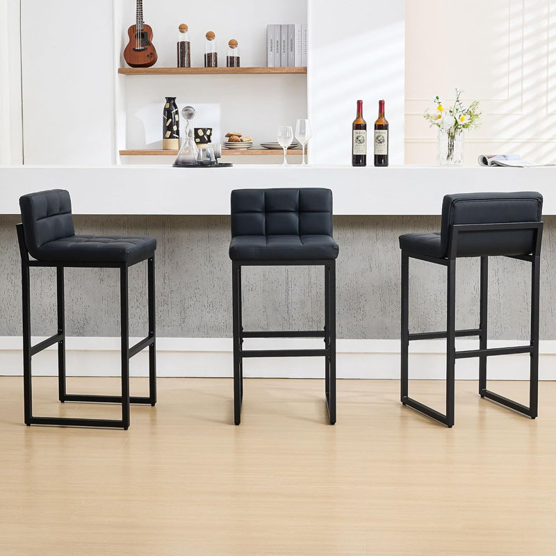 Tabouret de bar rembourré à dossier bas avec structure en métal épaissie pour îlot de cuisine, Noir, 3