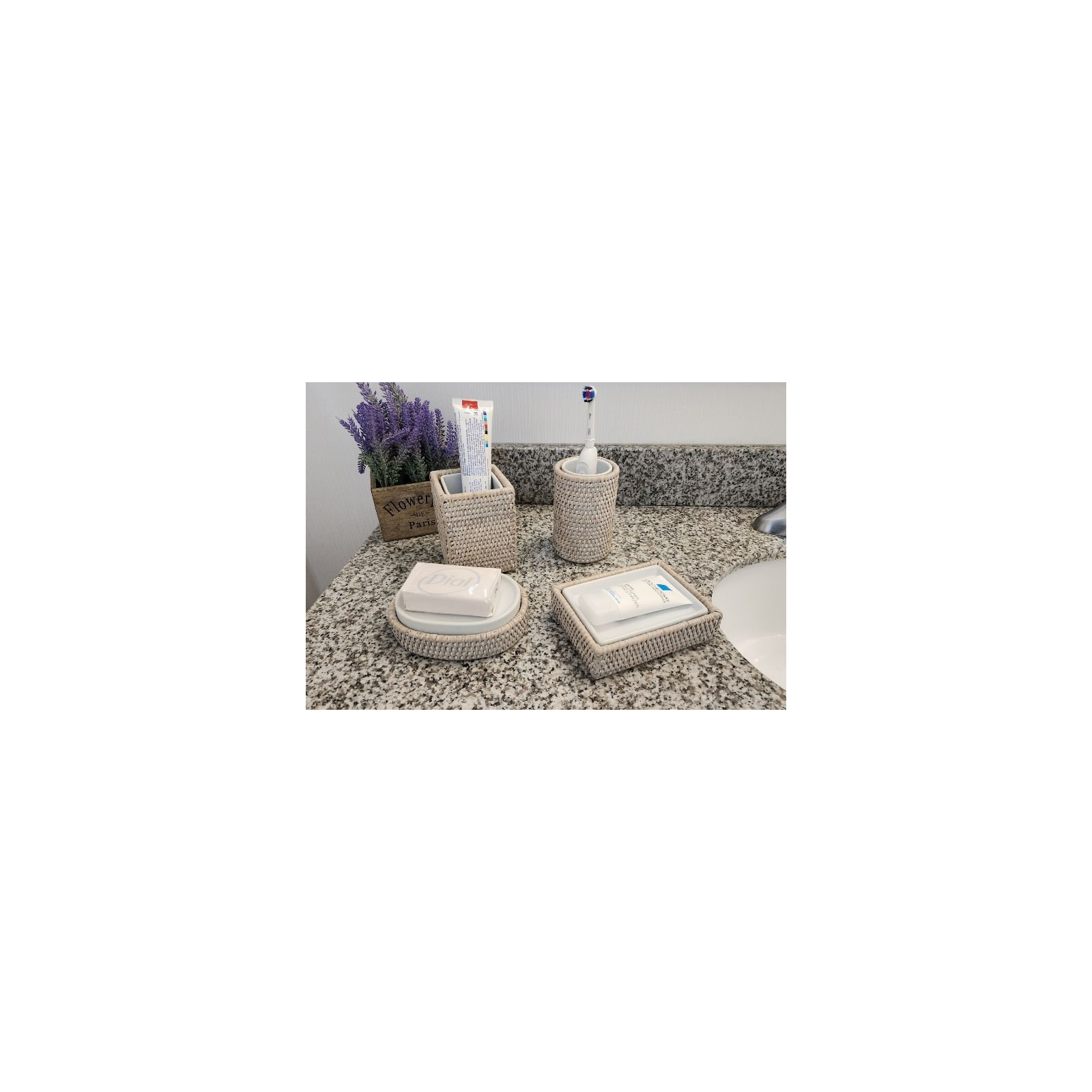 Artifacts Rattan Round Tumbler with Ceramic Insert, White Wash