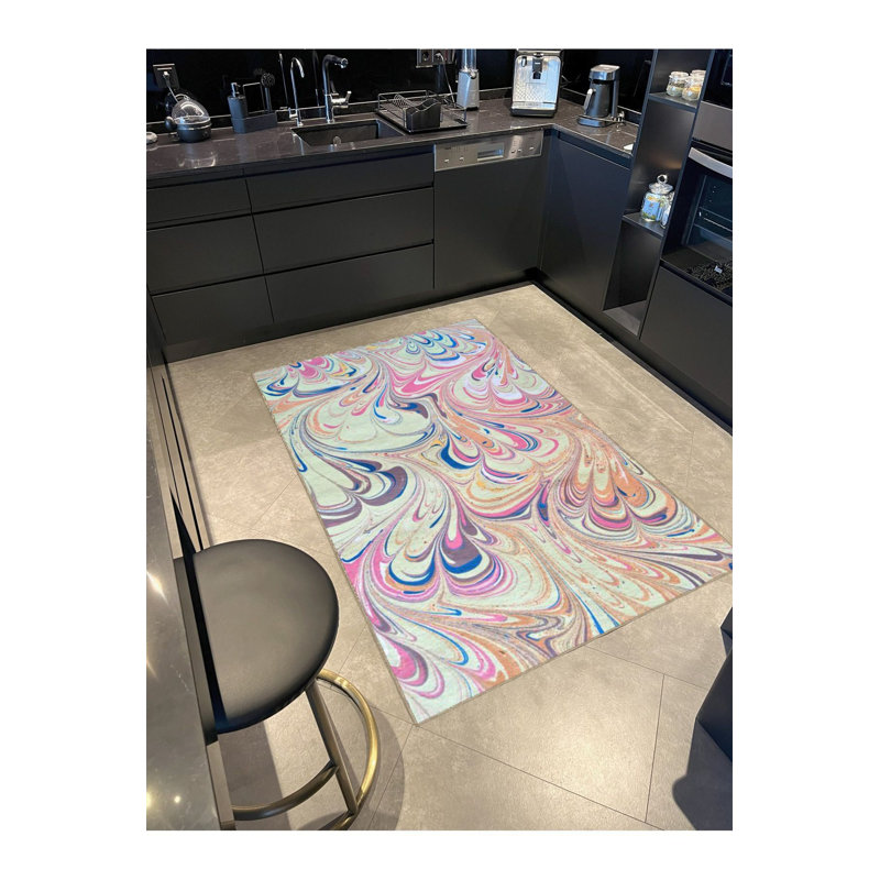Tapis décoratif multicolore à motif marbré abstrait lavable à la machine, Rectangle 5 pi 1 po x 7 pi 7 po