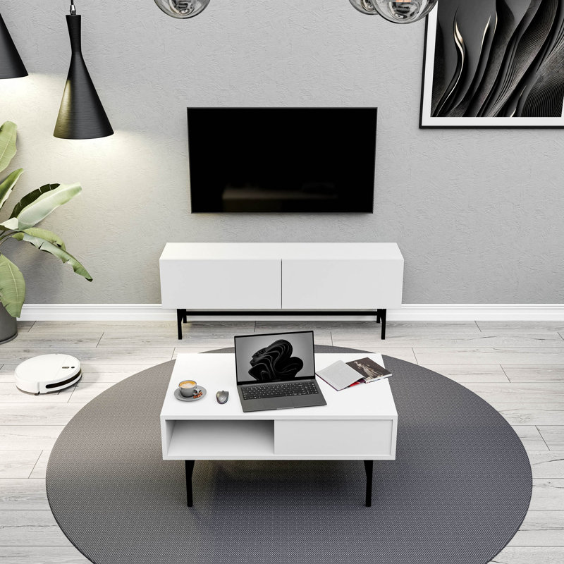 Élégant ensemble de meubles de salon, blanc | Meuble télé (54,3 x 19,7 x 11,6 po) et table basse (35,4 x 21,3 x 15,6 po) | Panneau de particules 100% mélaminé, fixation murale, tablettes multiples | Design moderne pour décors chics