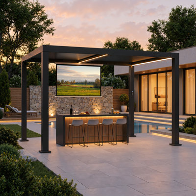 Pergola à lames orientables de 3,66 m x 2,74 m avec éclairage DEL, toit étanche motorisé et réglable et système de secours à manivelle, gazebo extérieur en aluminium pour patio, terrasse et jardin