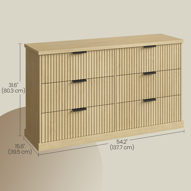 6-drawer Double Dresser For Bedroom, 54.2" Wide Chest Of Drawers With Fluted Panels, Transitional Storage Dresser, Beige