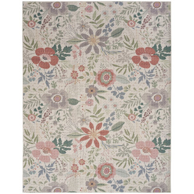 6' X 9' Ivory Green And Red Floral Power Loom Washable Non Skid Area Rug