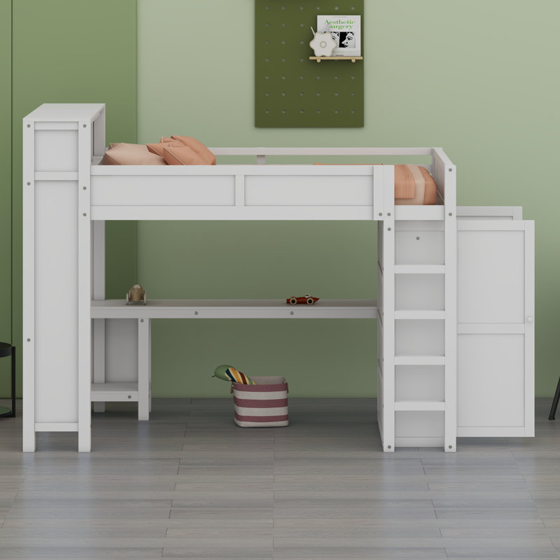 Lit mezzanine moderne avec garde-robe, bureau et tête de lit avec connectivité USB, Blanc