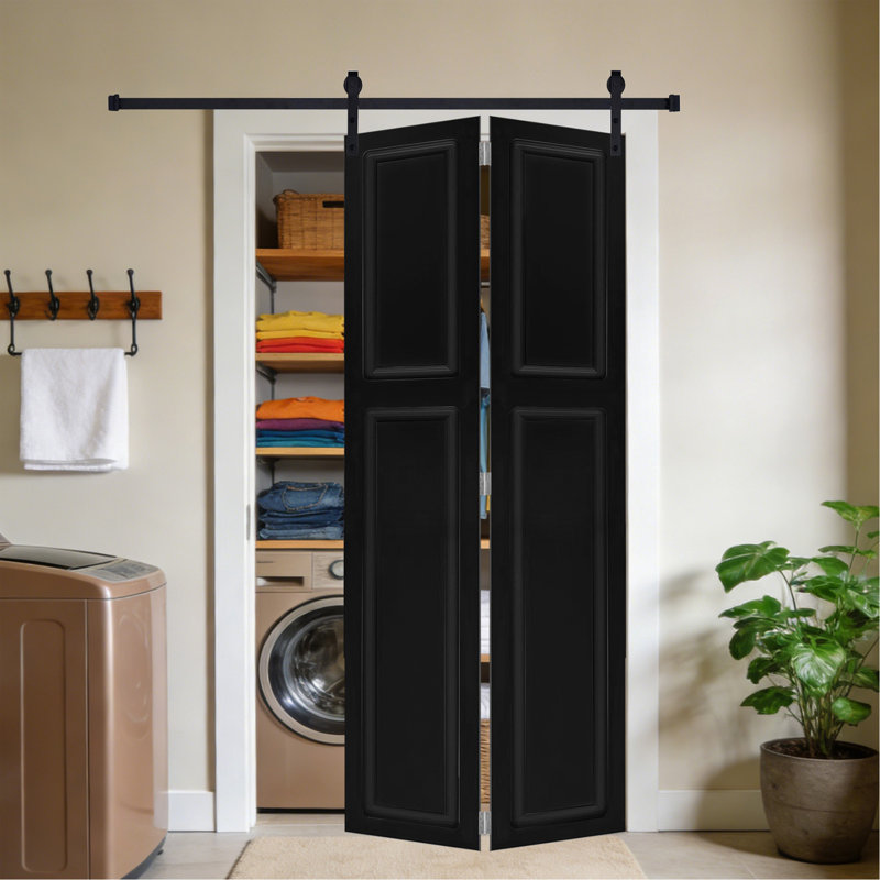 2-Panel Bi-Fold 84 In.X38 In. Mdf Black Walnut Barn Sliding Door With Hardware Kit, 32" x 80"